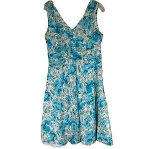 Amanda Lane Dress Women’s Blue White Petite Floral Sleeveless Spring Easter 16P